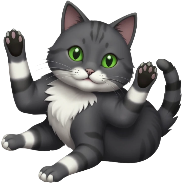 solid dark grey cat with green eyes, completely solid grey face, white toes/paws playfully rolling upside down emoji