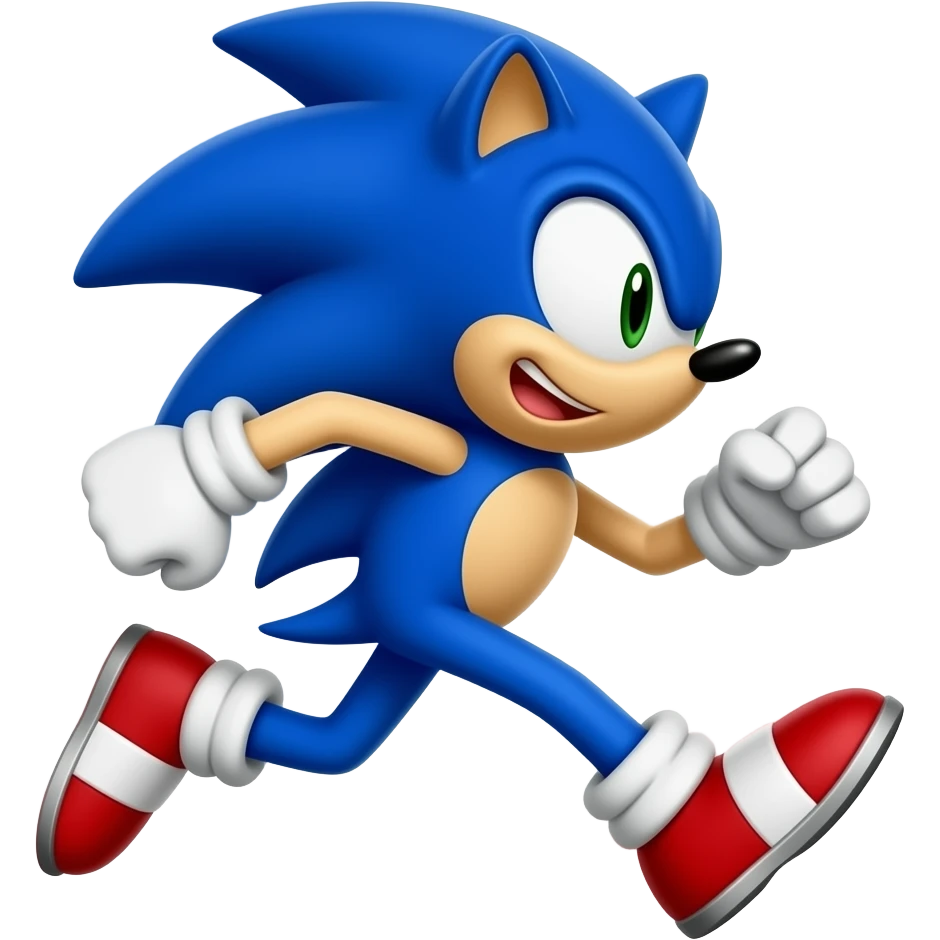 Blue cartoon hedgehog running at high speed, motion blur, red shoes, glossy emoji render emoji