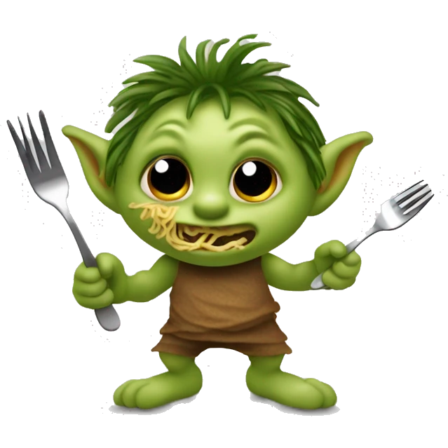 little troll gremlin eating spaghetti with a fork while lurking and being weird but also very fun and energetic emoji