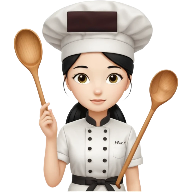 
A beautiful girl wears a white chef's uniform. Her long, straight black hair is styled in a ponytail. She wears a white chef's hat and holds a wooden cooking spoon. She is standing and wearing black shoes. The illustration style is 2D realistic.. emoji