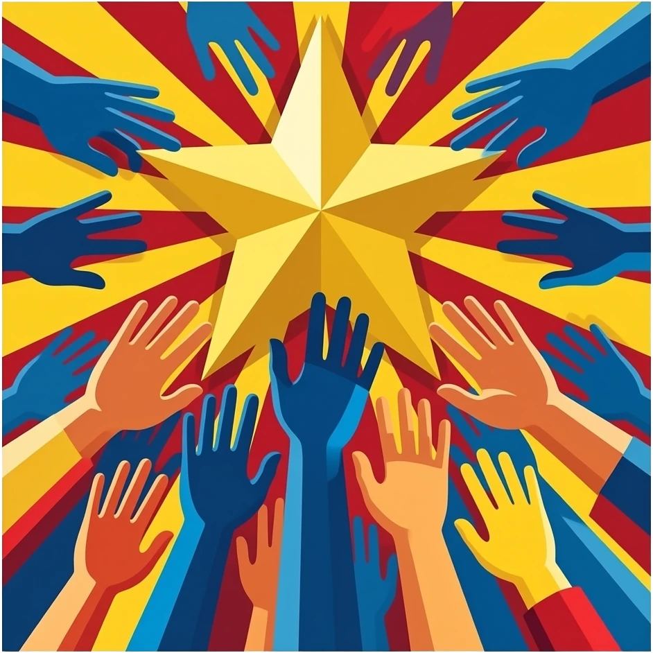 1930s political graphic poster, multiple stylized hands reaching together to lift a single large shining star, bold colors, dynamic unified movement. emoji