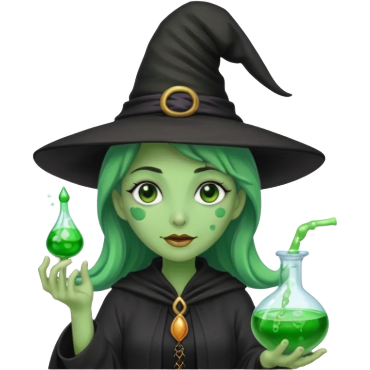 Witch with Green Skin – long-nosed witch in black hat holding potion emoji