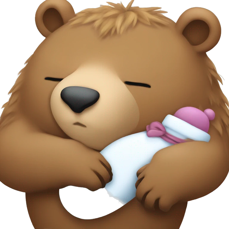 Big bear sleeping with a sleeping stocking on his head cradling a baby capybara who is also sleeping emoji
