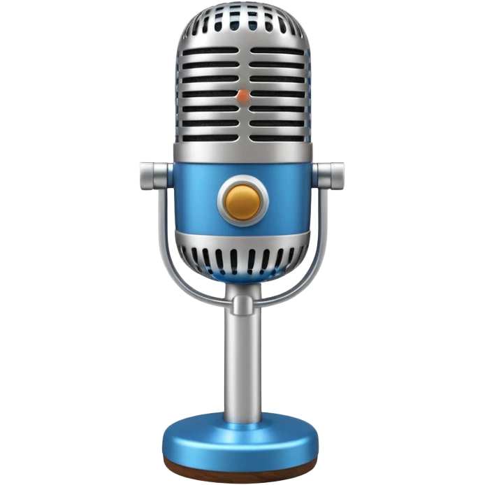 3D render of Elvis Microphone, vintage 1980s audio equipment aesthetic, tactile analog buttons, shiny silver metal grille with a blue handle, mixed wood grain and brushed aluminum textures, Apple emoji style, isolated on white background --v 6.0 emoji