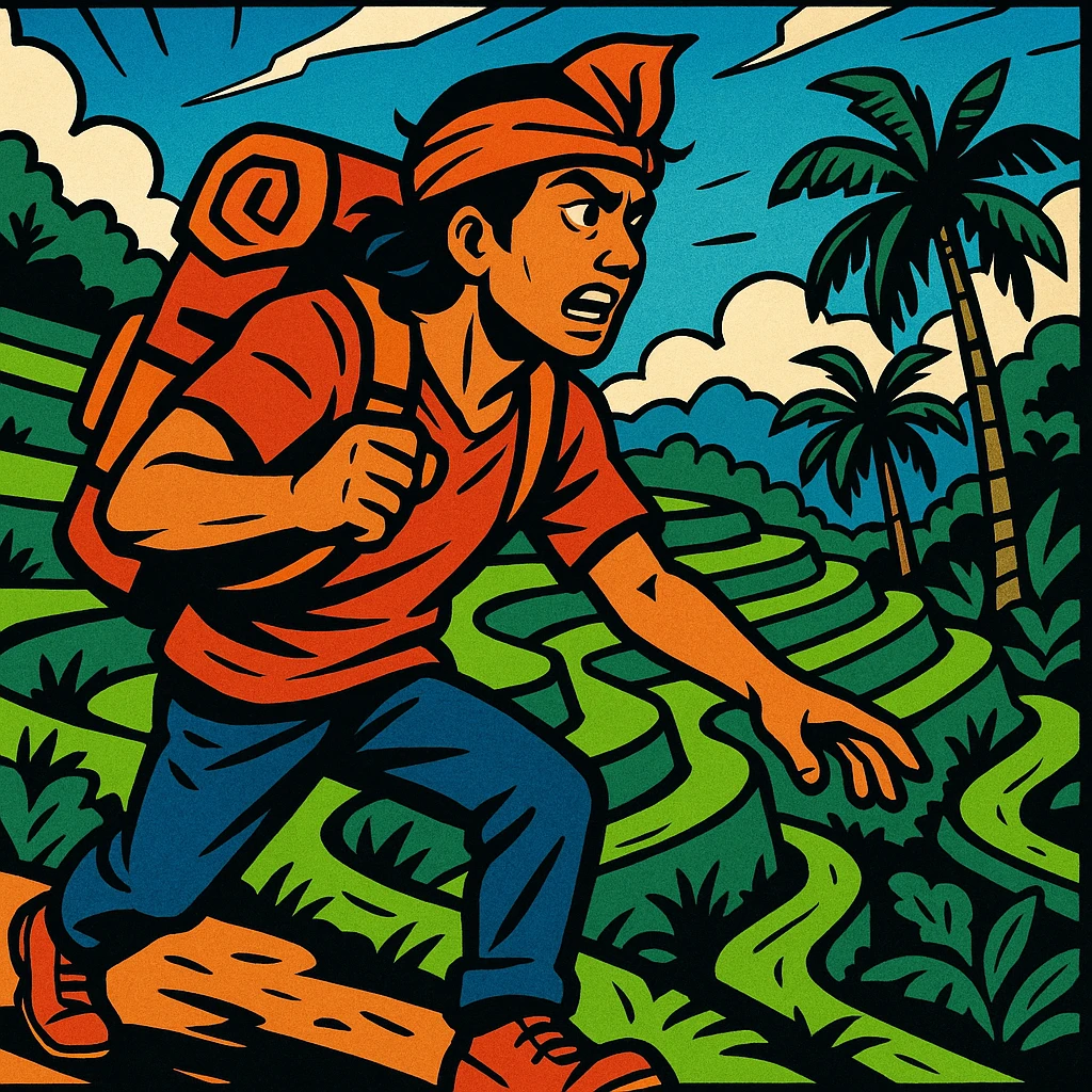 comic book panel showing a Bali nomad on an adventure, hiking through lush rice terraces with a backpack, vibrant colors, bold lines, expressive comic style, dynamic action, tropical landscape emoji