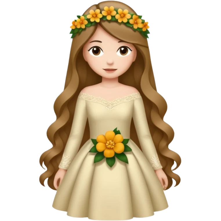 Chica blanca, cabello castaño, recogido en moño alto con mechones, vestido novia de manga larga, cuerpo entero, ramo de flores en una mano emoji