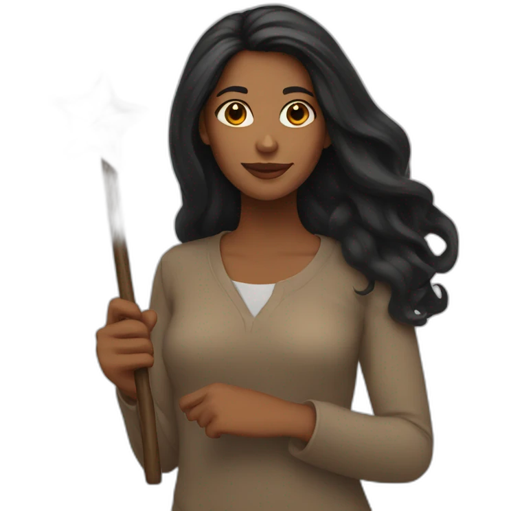 brown woman holding a orange star wand long black hair emoji