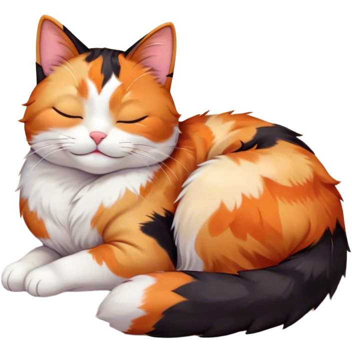 Meme-Worthy Cute Sleeping Calico Cat Portrait Emoji, Head resting peacefully with a content, gentle smile and softly closed eyes, featuring a delicate patchwork fur in vibrant orange, black, and white hues, simplified yet irresistibly endearing, highly detailed, glowing with a soft, drowsy radiance, high shine, exuding relaxed and utterly lovable charm, styled with a gentle, soft glowing outline, capturing the essence of a sleeping calico cat that appears destined to become a viral icon of adorable rest! emoji
