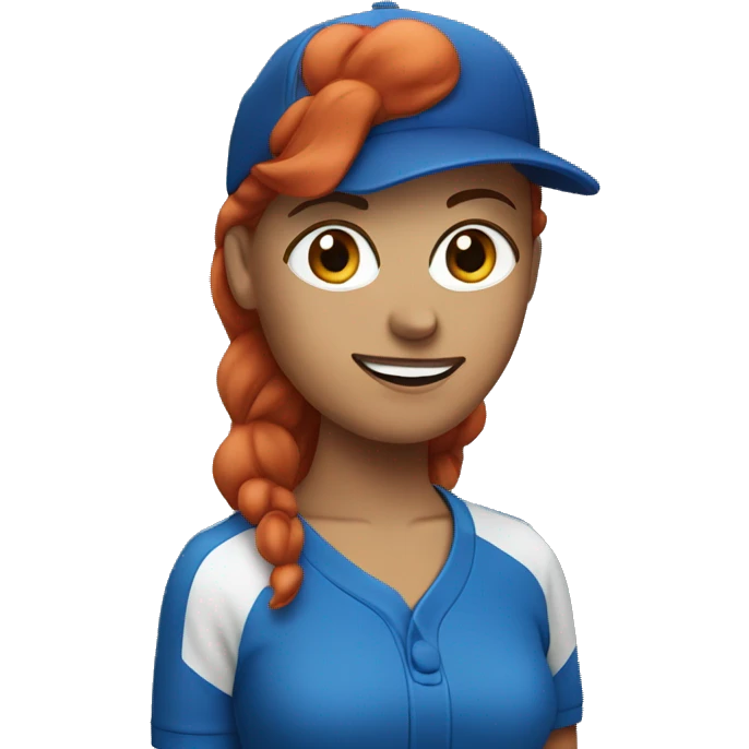 female coach with red hair in blue shirt and with a blue baseball hat emoji