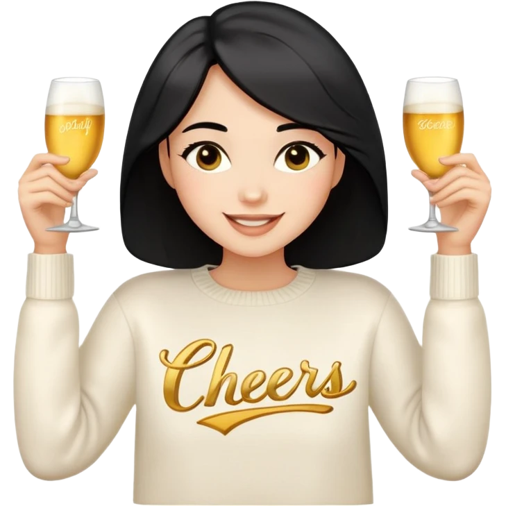 A woman with shoulder-length black hair, light to medium skin tone, full cheeks, and almond-shaped eyes, wearing a white sweater with the word 'cheers' in gold script, lying comfortably on a bed with soft lighting, joyful and radiant expression, emoji style, no drinks. emoji