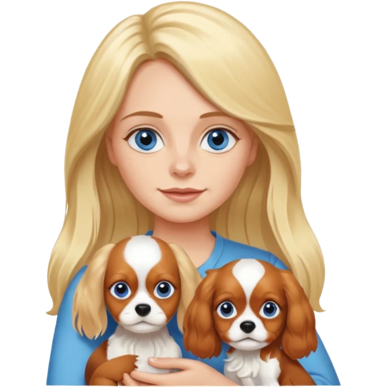 Blond Mom with a little blue eyed girl with long blonde hair  and with tricolora cavalier charles spaniel  emoji