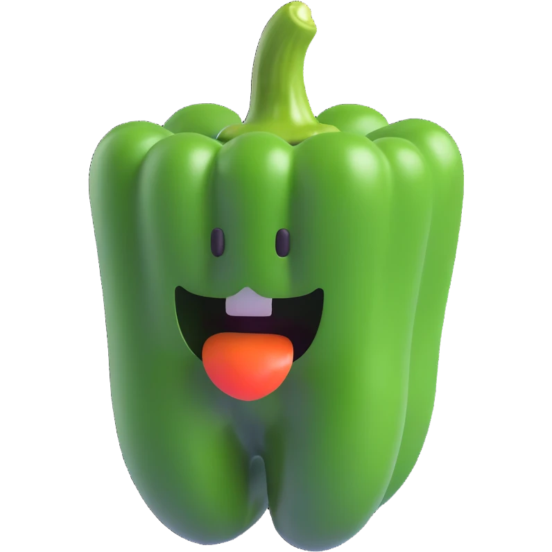 Create a 3D emoji style image of a green bell pepper (paprika) without any facial features such as eyes, nose, or mouth. The vegetable should look natural and realistic. Background should be transparent (no background). emoji