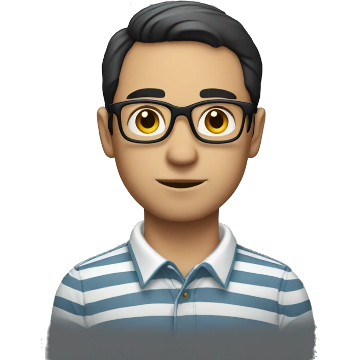 a man with short dark hair and glasses, wearing a striped shirt with a collar. The man is looking directly at the camera with a neutral expression. emoji