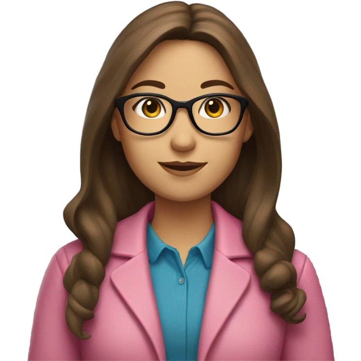 A girl teacher with long brown hair, glasses and a pink jacket emoji