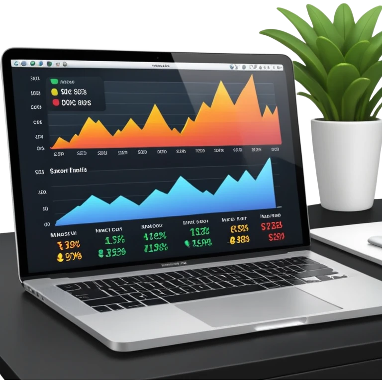 Create a macbook displaying financial charts and black analytics dashboards on the screen. emoji
