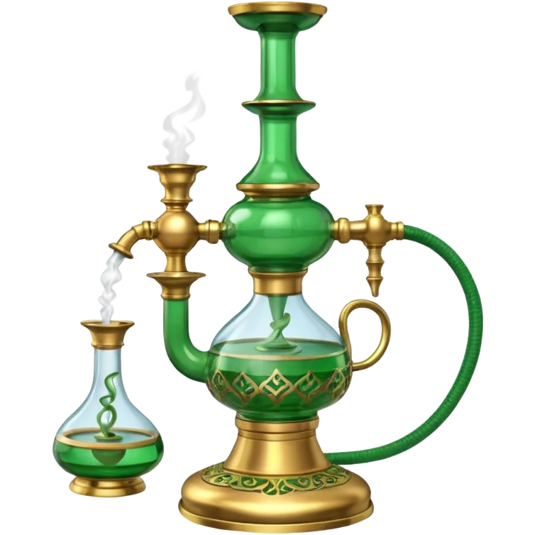 Brass hookah with green design on a glass water base and a glass banger on the top; with two outlet emoji