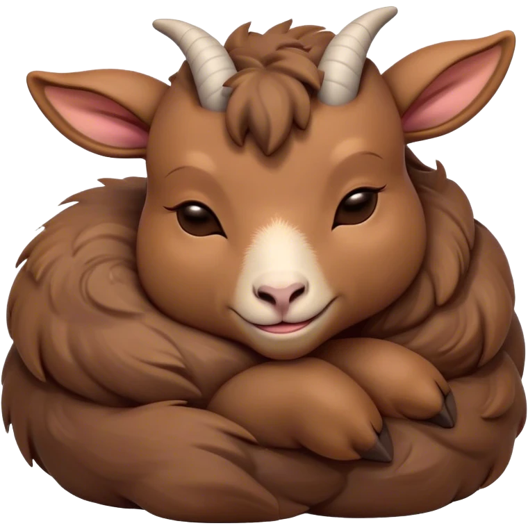 Meme-Worthy Cute Sleeping Brown Goat Portrait Emoji, Head resting peacefully with a contented smile, showcasing a robust build and a luxuriously soft brown fur, eyes shut in a serene, restful nap, Simplified yet hilariously adorable features, highly detailed, glowing with a soft, drowsy light, high shine, relaxed and utterly lovable, stylized with an air of playful laziness, bright and heartwarming, soft glowing outline, capturing the essence of a comically sleepy goat, so meme-worthy it feels like it could instantly become the next viral sensation of adorable slumber! emoji