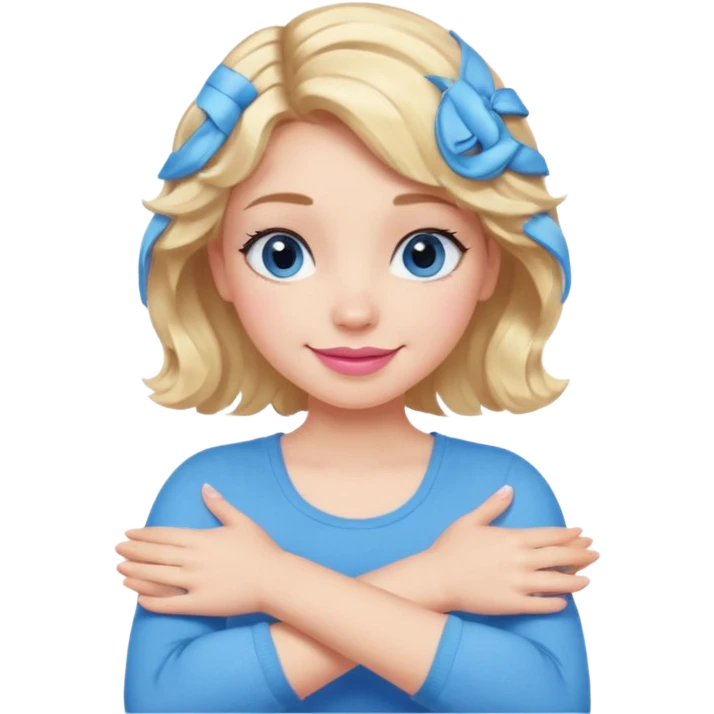Girl Blonde short wavy hair,  blue eyes, cute blue top, long lashes, pink lips, smiling, making cross arms with arms  emoji
