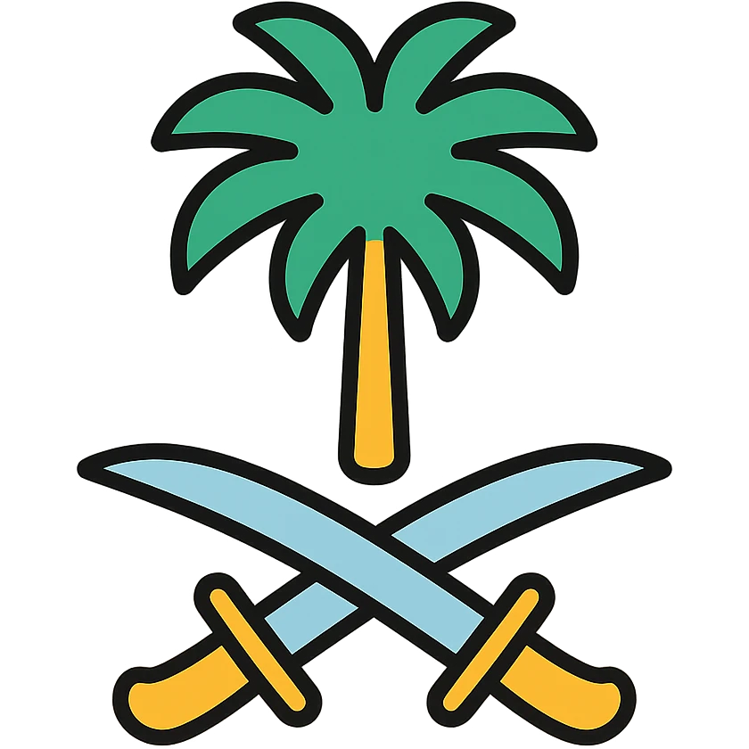 icon representing Saudi culture with palm tree and crossed swords in modern color outline style emoji