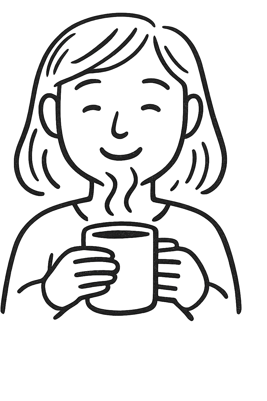 simple black and white pen sketch emoji of a woman with a soft smile, holding a steaming mug in both hands, casual hand-drawn minimal style, cozy leisurely feeling, expressive face emoji