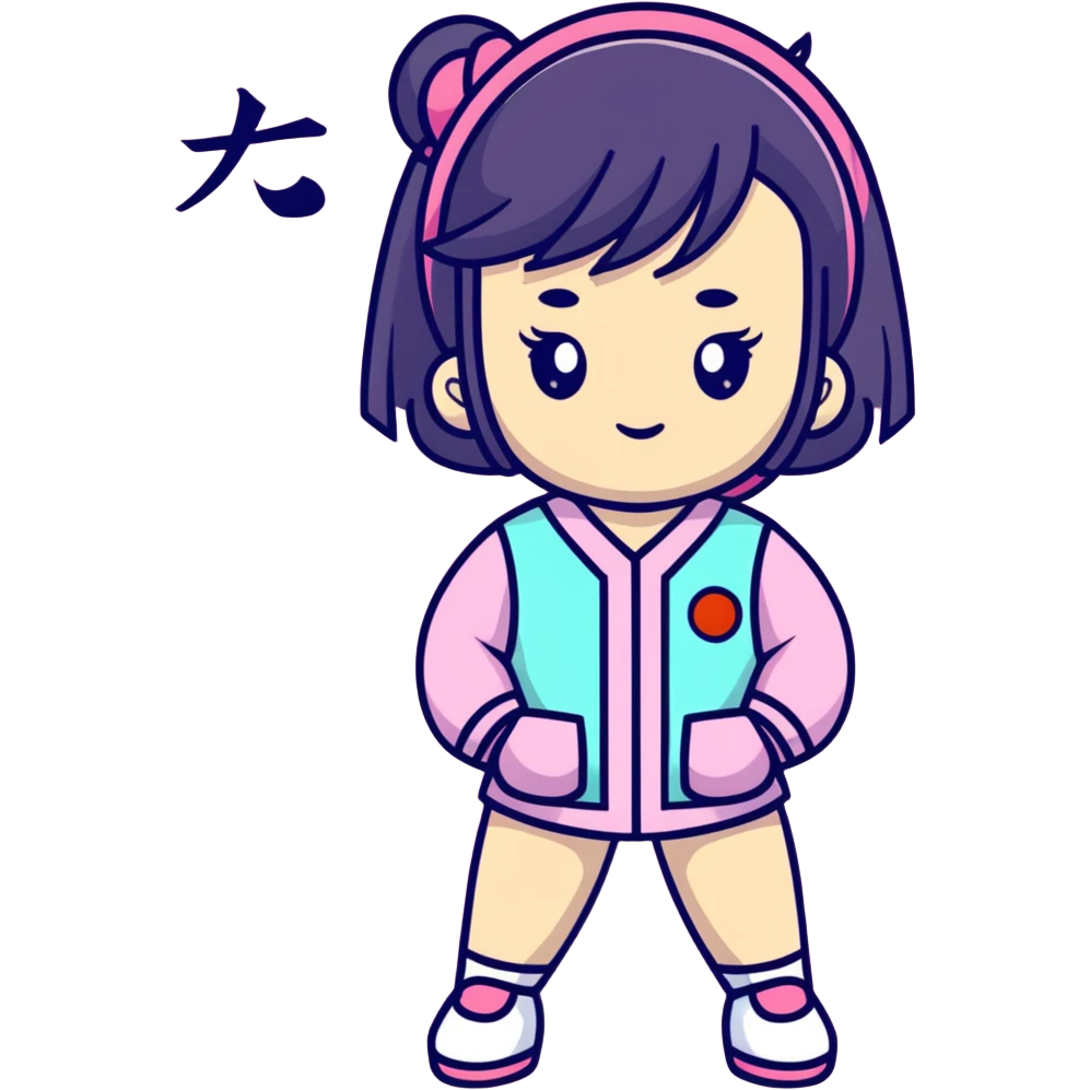 Vaporwave aesthetic Japanese girl with geometric background, retro 80s style, pastel colors, Japanese kanji text, digital sunset, nostalgic elements emoji