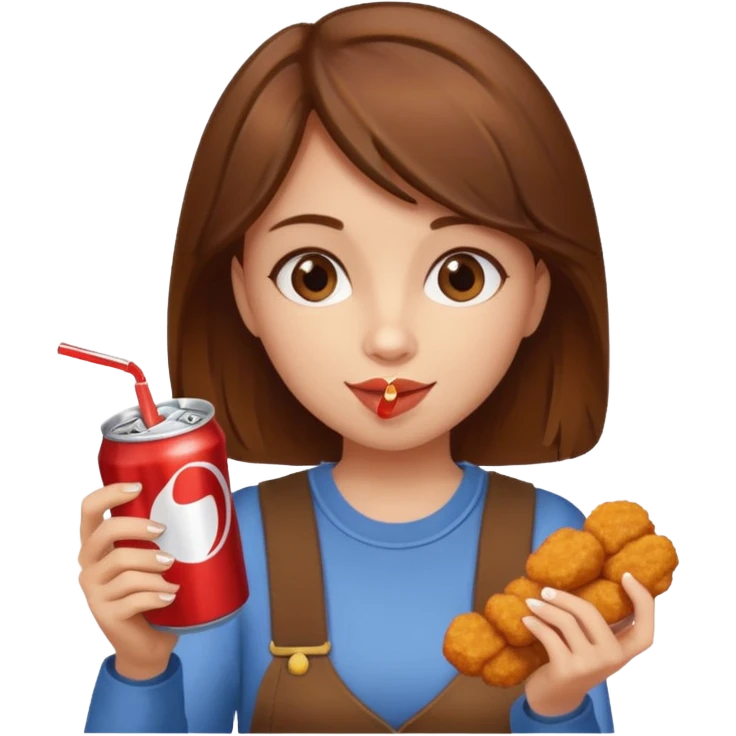 brown hair girl eating with mouth on the chicken nugget and holding a soda can emoji