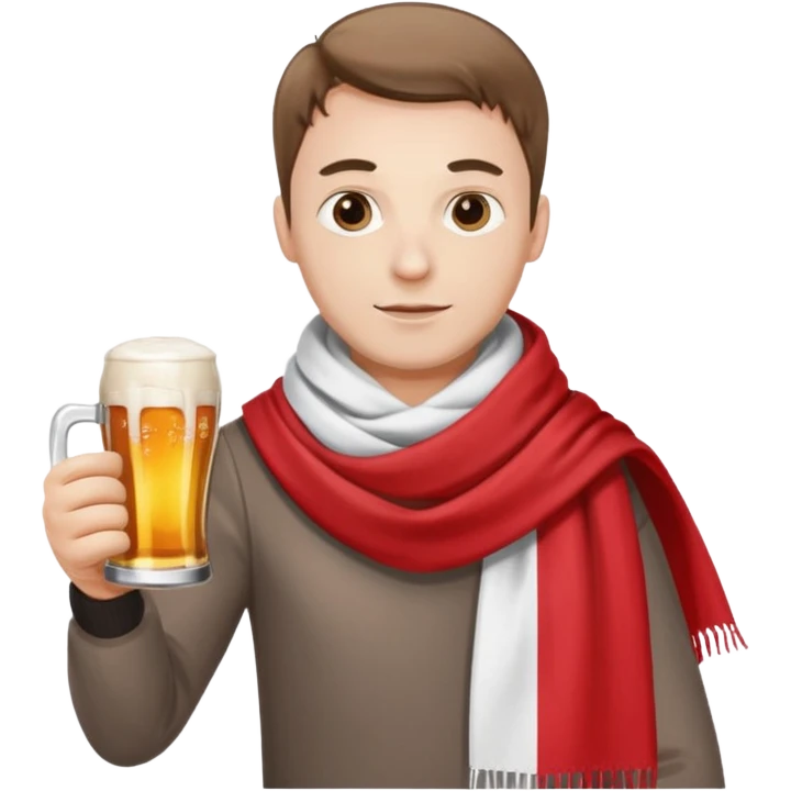A man wearing a red and white scarf holding a Polish flag in one hand and a beer in the other emoji