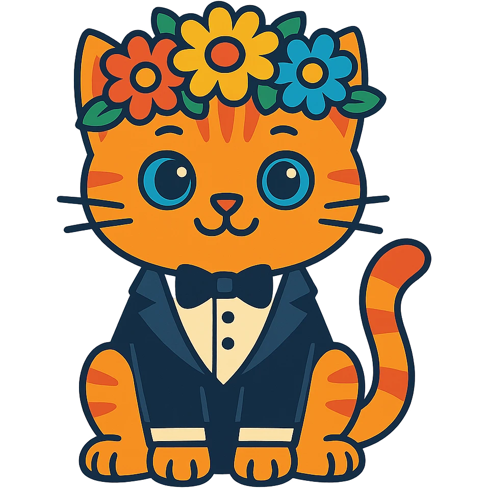 A kitten in a tuxedo with a flower crown emoji