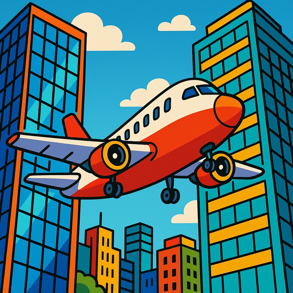 An airplane navigating between two modern skyscrapers, city background, energetic scene, bold colors, no text emoji