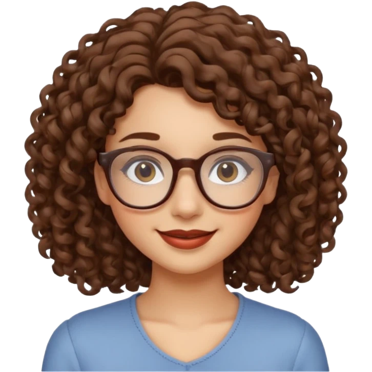 Young woman, curly brown hair, shoulder-length, brown lips, glasses emoji