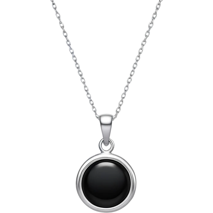 black onyx pendant with a faint white glow emerging from its center, symbolizing hidden power, on a delicate silver chain that flows like liquid emoji