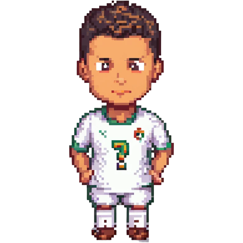 Cristiano Ronaldo with a suspicious expression, includes a question mark, pixel art style emoji