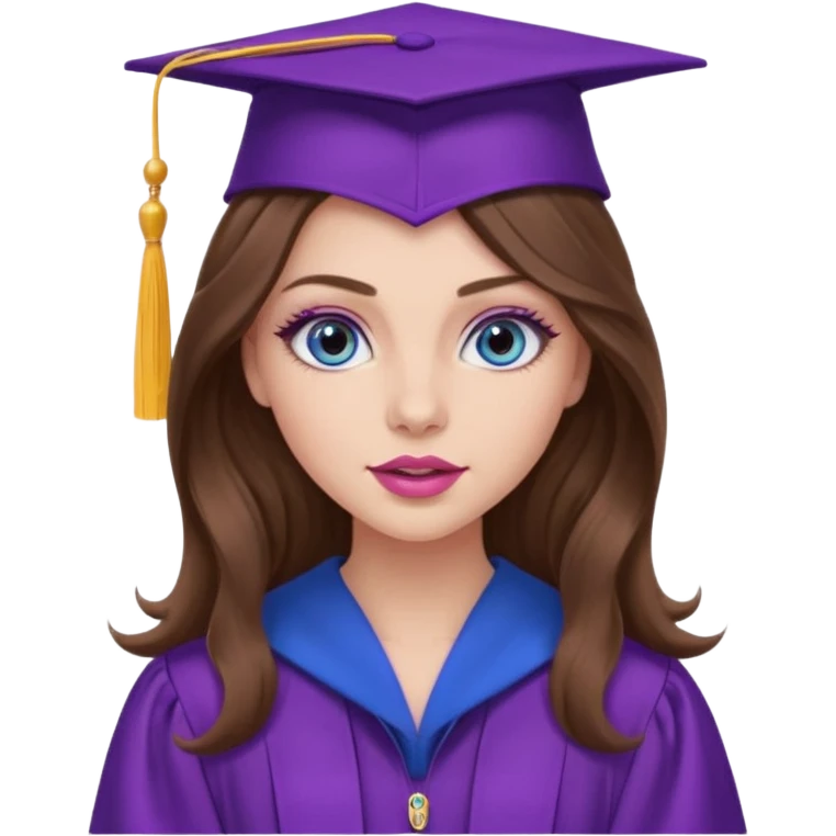 girl with long wavy brown hair, blue eyes, long lashes makeup, sexy pink lips, wearing a purple graduation cap and gown emoji