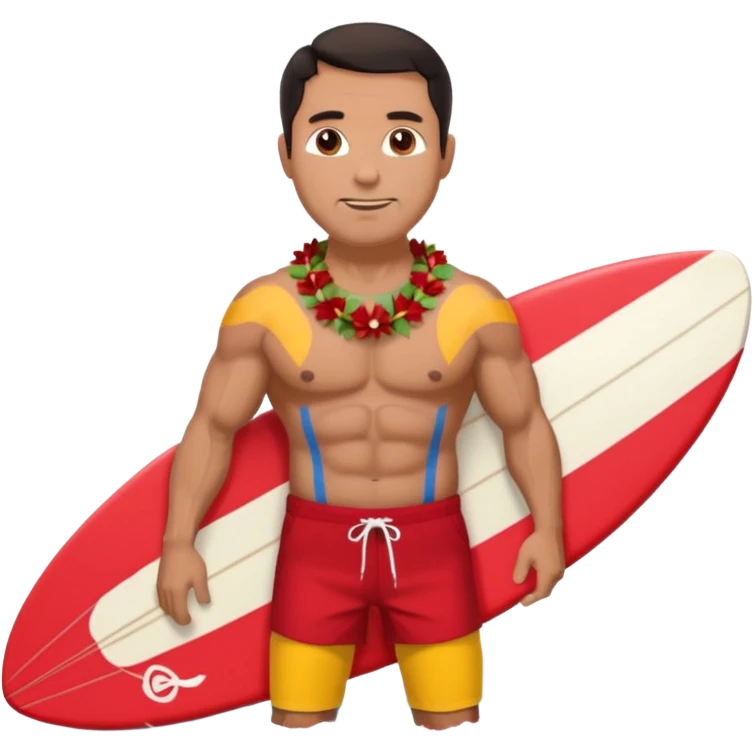 Dark-haired tan muscular 50 year old man with red shorts and shell lei surfing emoji