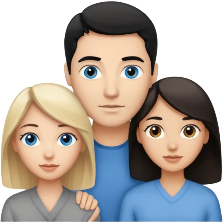 3 people. Blank woman with blond hair and blue eye color on left. And also a blank man with black hair and grey eye color in the middle. And a blank woman with brown hair and grey eye color on the right. Holding each other  emoji