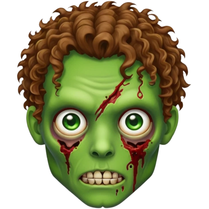 Generate an emoji-style image with a white background of a green-skinned zombie. The zombie should have visible facial wounds, curly brown hair with highlights, green eyes, and a shaved line in the left eyebrow. emoji