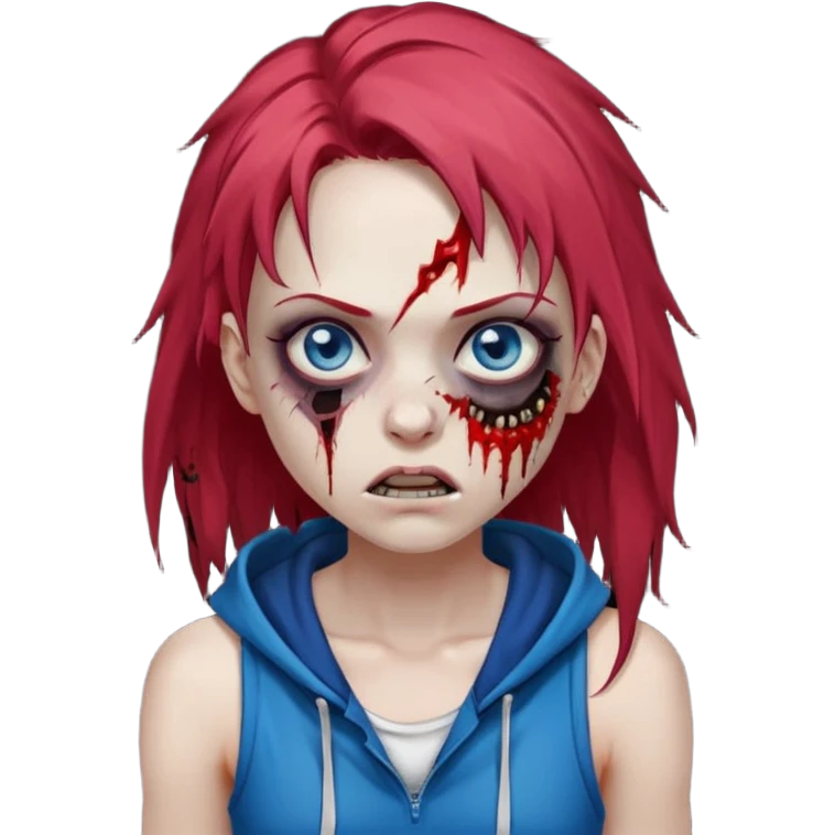 сделай рыжую девушку зомби с избитым лицом, не в полный рост, пусть ее рыжие волосы будут ниже груди с осветленными прядями, глаза у нее будут голубые, а одета она будет в дранную белую майку и черную зип худи emoji
