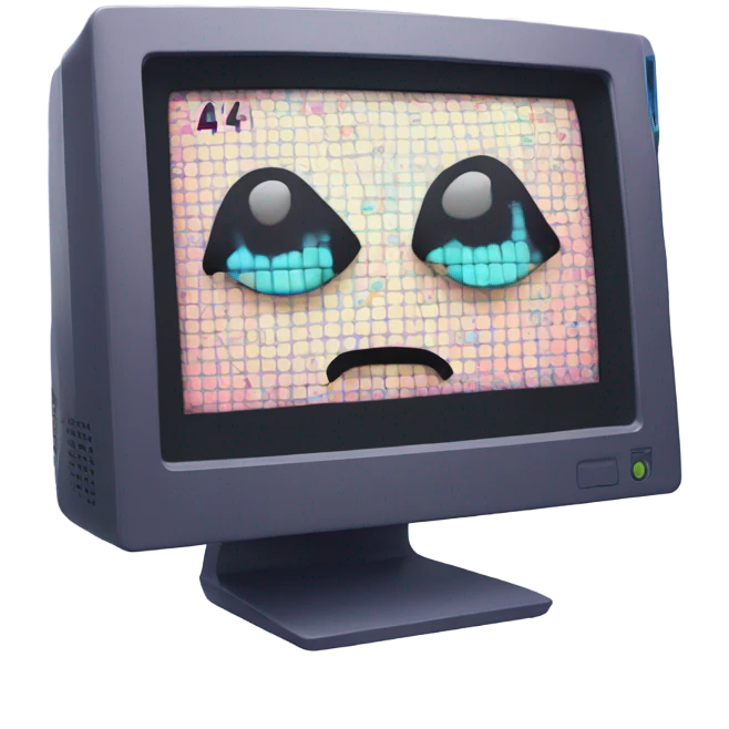 kawaii-style computer monitor with expressive sad eyes and teardrops, broken pixel-style "404" text glitching on screen, digital error symbols floating around, soft pastel colors, emoji art style emoji
