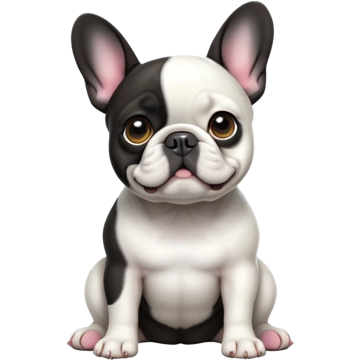 cinematic-[french bulldog]-realistic-full-body-sitting-emoji,-tail-resting-loosely-beside-its-paws,-head-tilted-dramatically,-sleek-[black ant white pied]-fur,-simplified-yet-realistic-focused-features,-highly-detailed,-glowing-with-an-almost-sarcastic-glow emoji