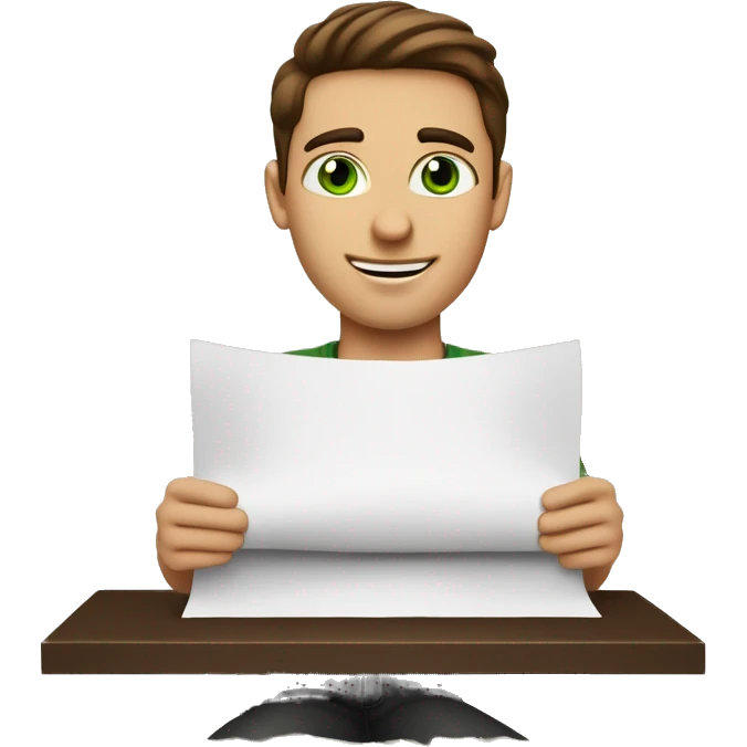a light-skinned green-eyed man with styled brown hair (brushed back) sitting in front of the long white paper scroll emoji