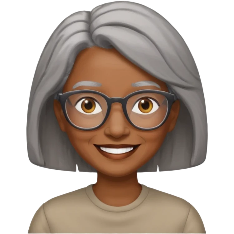 Older woman of color with gray shoulder length  hair and glasses and smiling emoji