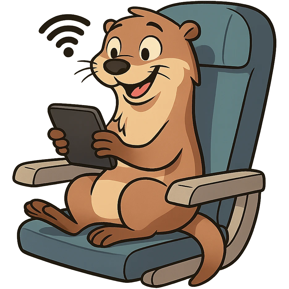 playful otter using wifi on a plane, modern cartoon style, clear subject emoji