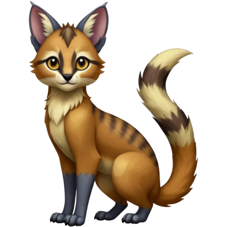 Colorful dark tropical exotic cute cool beautiful shiny beautiful fantasy-caracal-civet-genet-sergal-vernid-Gryphon-Cacomistle-Trico-oncilla-animal-Fakémon-hybrid-fursona (full body) emoji