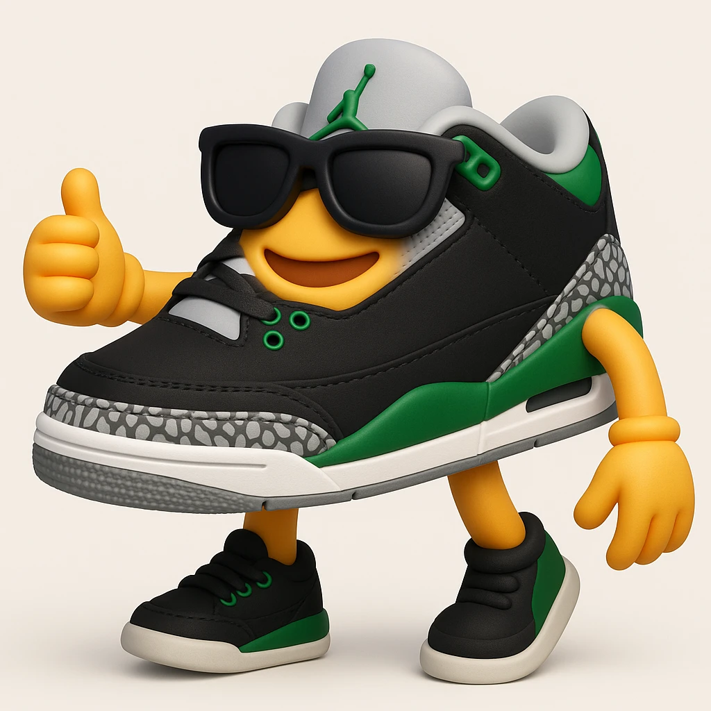 Create a 3D emoji style sneaker based on the provided reference image, adding arms, legs, and a cool facial expression with sunglasses. The style should resemble Microsoft style 3D fluent emojis with a playful and friendly look. emoji