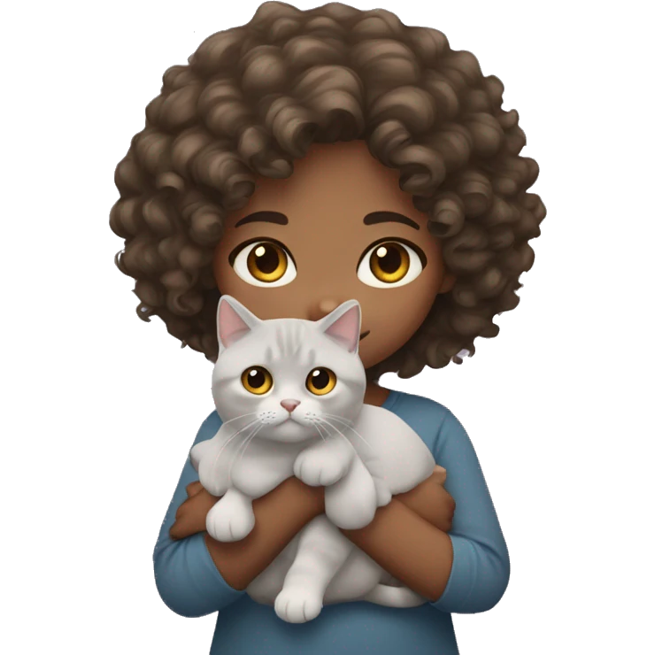 Curly hair girl with brown eyes holding british shorthair cat emoji