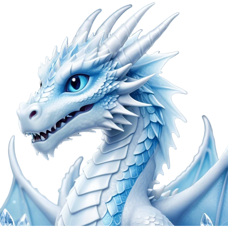Cinematic Noble Beautiful Ice Dragon Portrait Emoji, Poised and majestic, with an ethereal, crystalline body adorned in intricately detailed scales of frosty blues and silvery whites reminiscent of glacial ice and delicate snowflakes, and piercing, cool eyes reflecting winter’s clarity; rendered with lifelike texture and subtle natural highlights, high shine, elegant and formidable, styled with an aura of chilling mythic beauty, focused and serene, soft glowing outline, capturing the essence of a legendary ice sovereign ready to glide gracefully out of the screen with timeless frosty allure! emoji