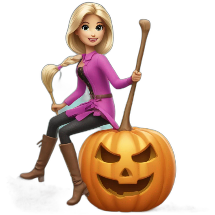 Alan from the movie Barbie riding a broom on Halloween emoji