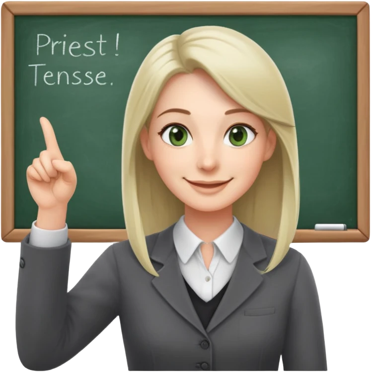 smiling English teacher with airtouch hair and grey-green eyes pointing at a chalkboard with present simple tense table emoji