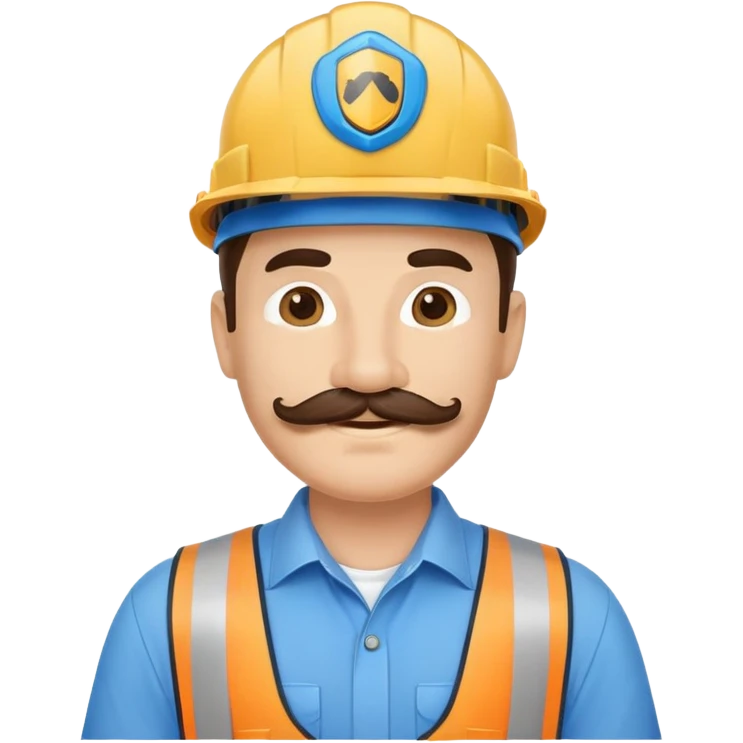 Business owner, well dressed, blue shirt, mustache, construction protection hat, happy emoji