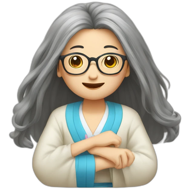 Chinese senio lady has long hair wear glasses show love sign emoji